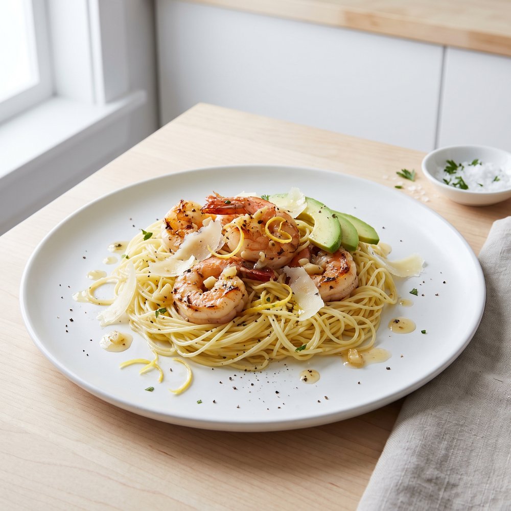 Shrimp Scampi with Angel Hair and Avocado (3000 kcal OMAD)