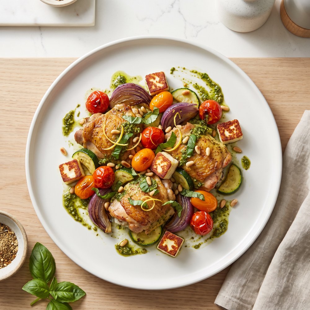 Skillet Pesto Chicken Thighs with Veggies