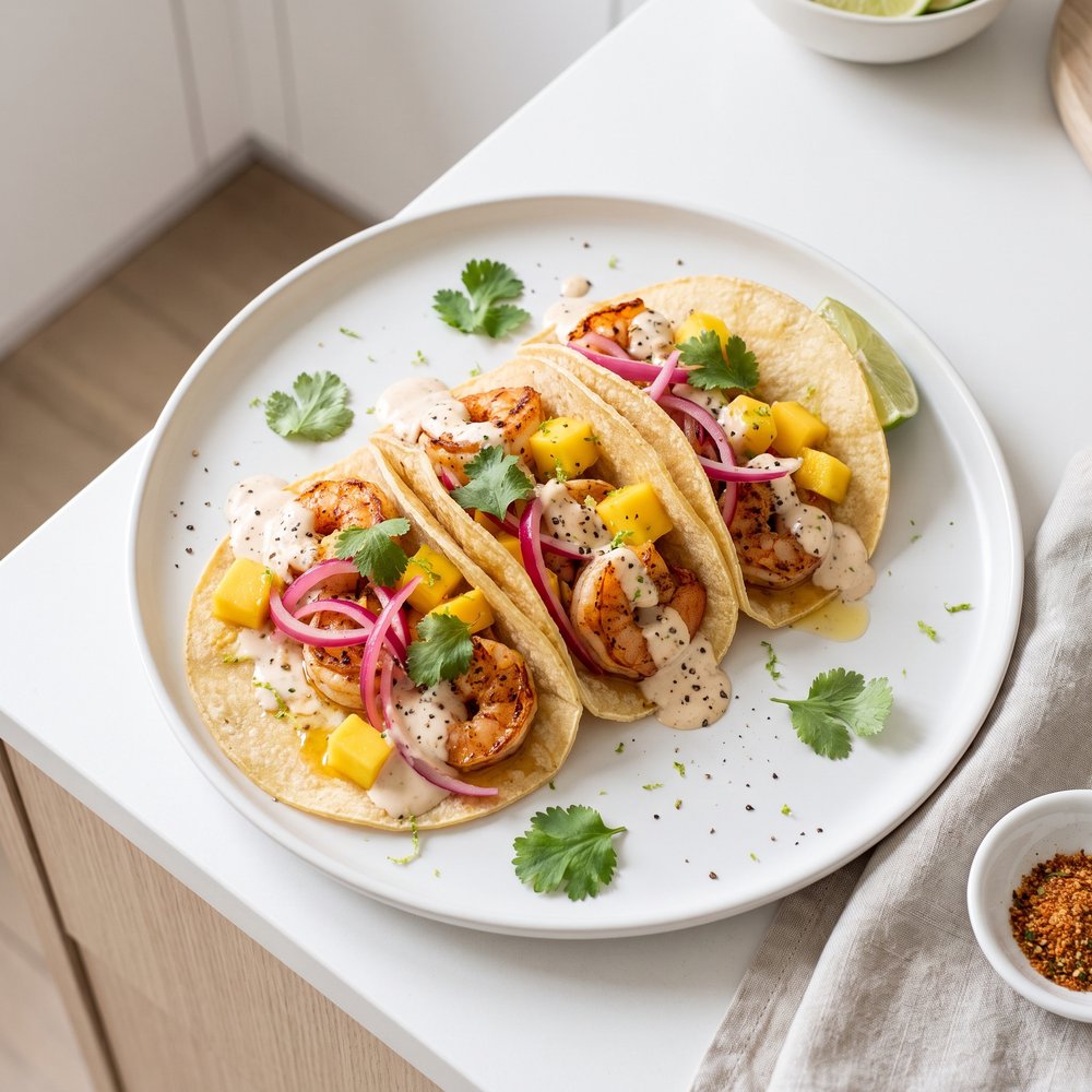 Chili-Lime Shrimp Tacos with Mango and Sriracha Ranch
