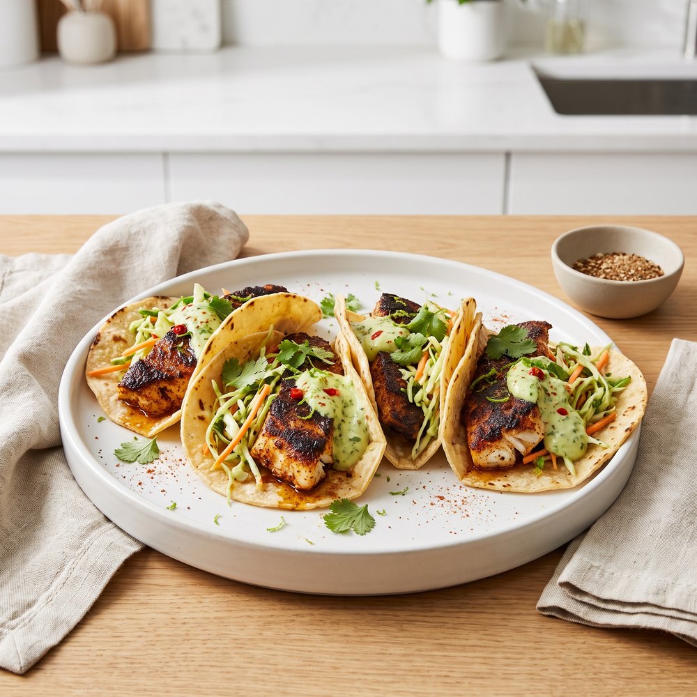 Blackened Fish Tacos with Creamy Avocado Sauce