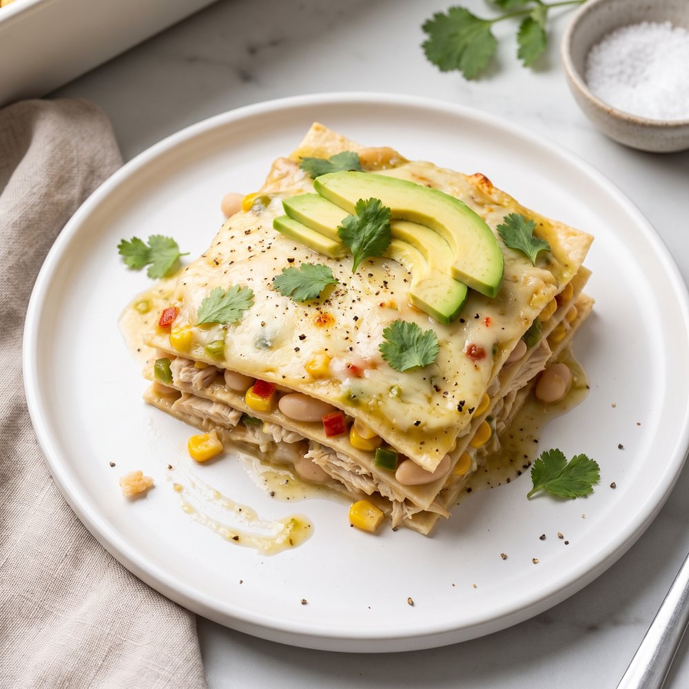 Creamy White Chicken Chili Enchilada Bake