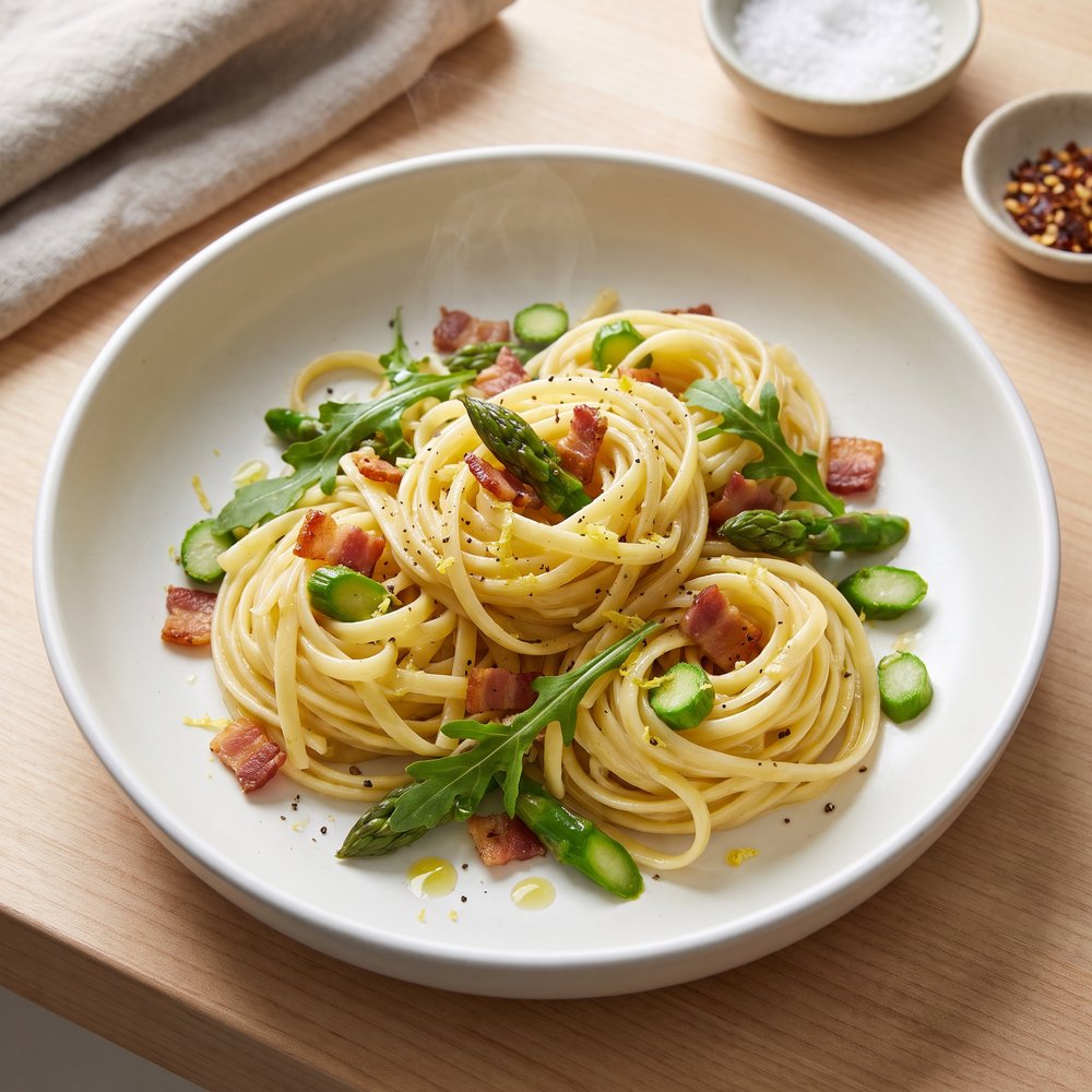 Linguine Tossed with Asparagus, Bacon, and Arugula