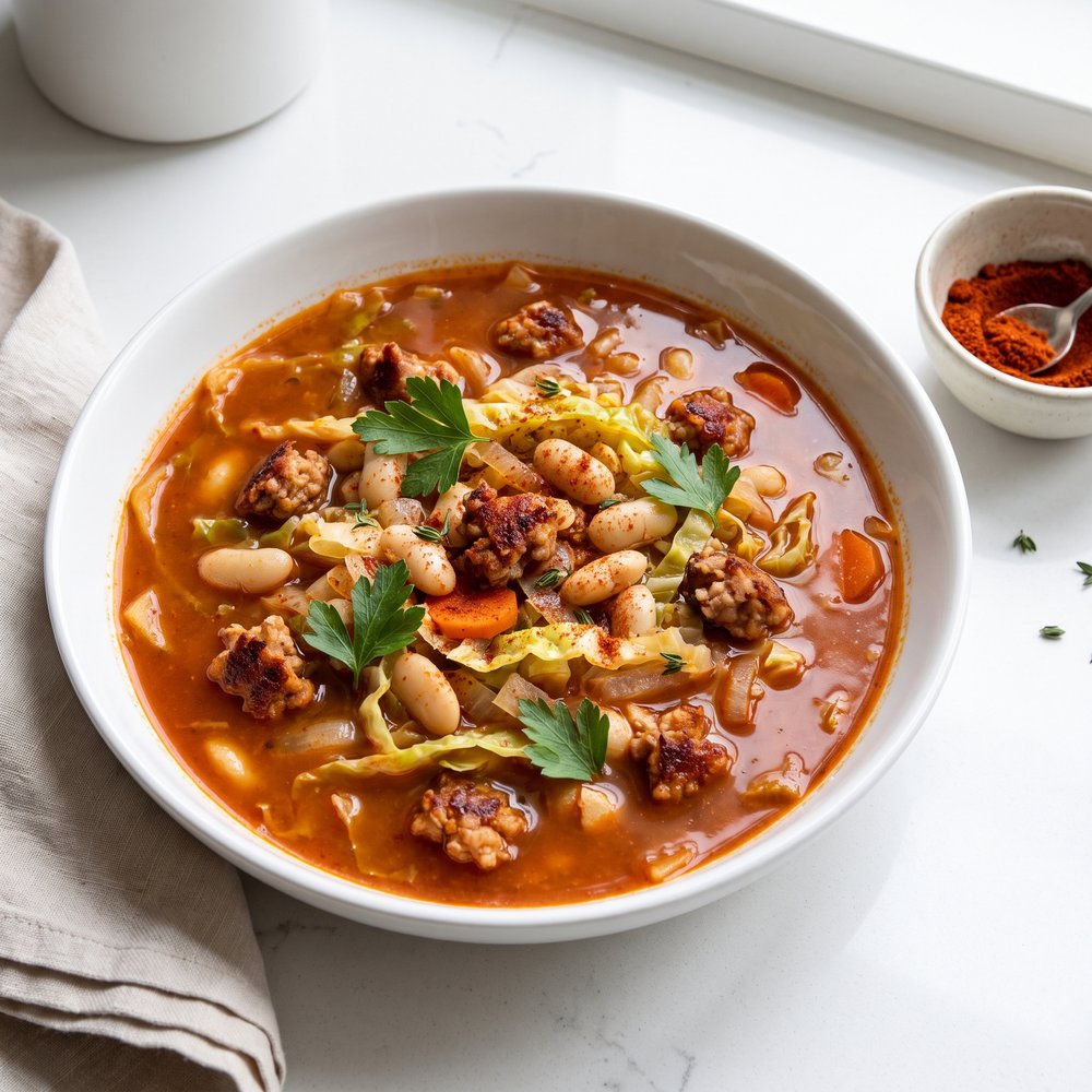 Hungarian Sausage, Bean, and Cabbage Soup