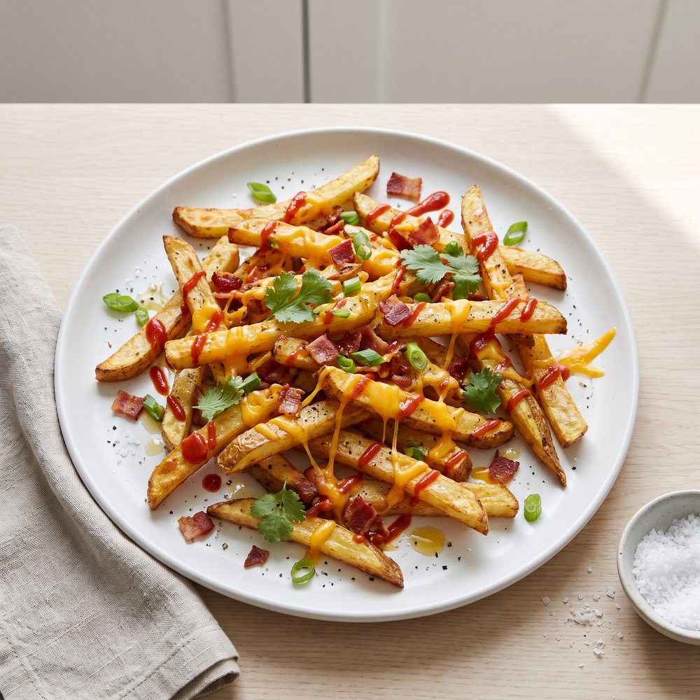 Sriracha-Loaded Cheddar Bacon Fries
