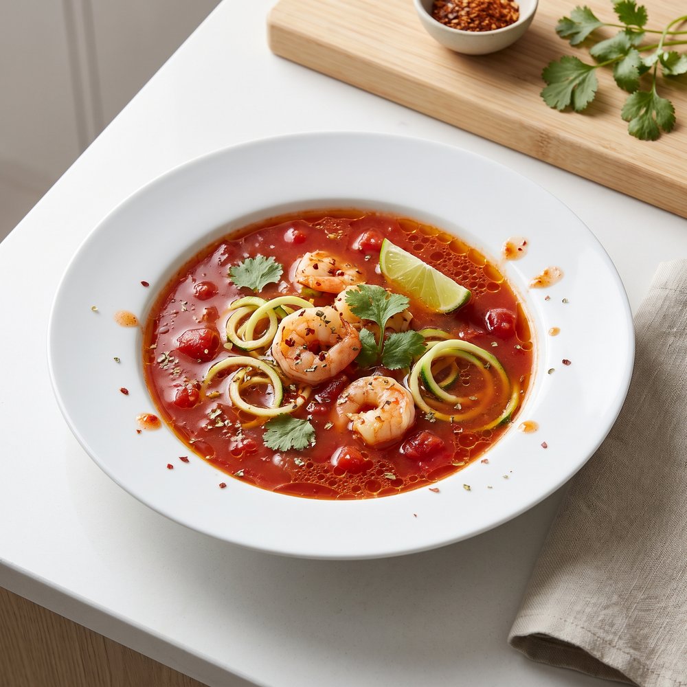 Spicy Shrimp Tortilla Soup with Zucchini Noodles