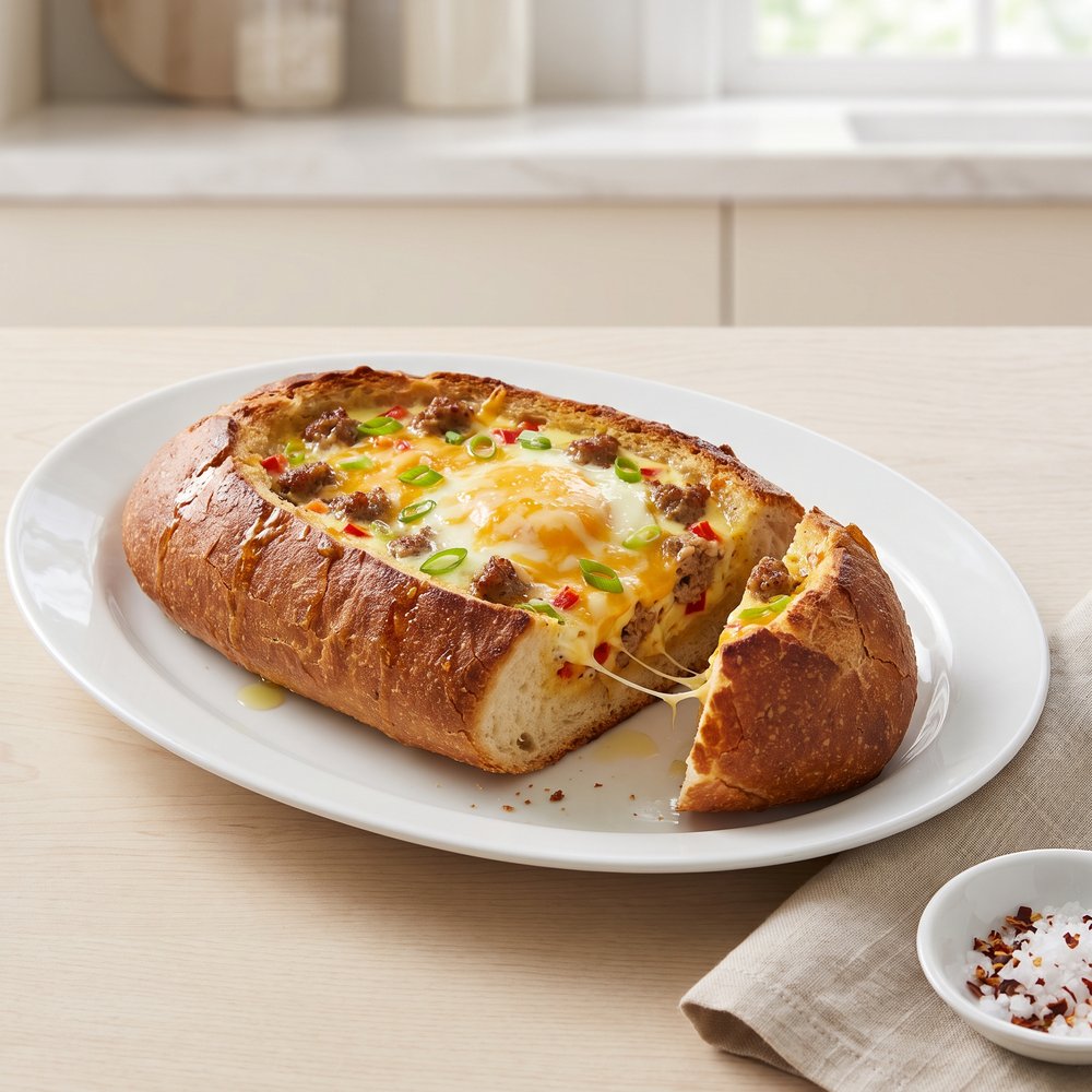 Cheesy Sausage Egg Bread Boats