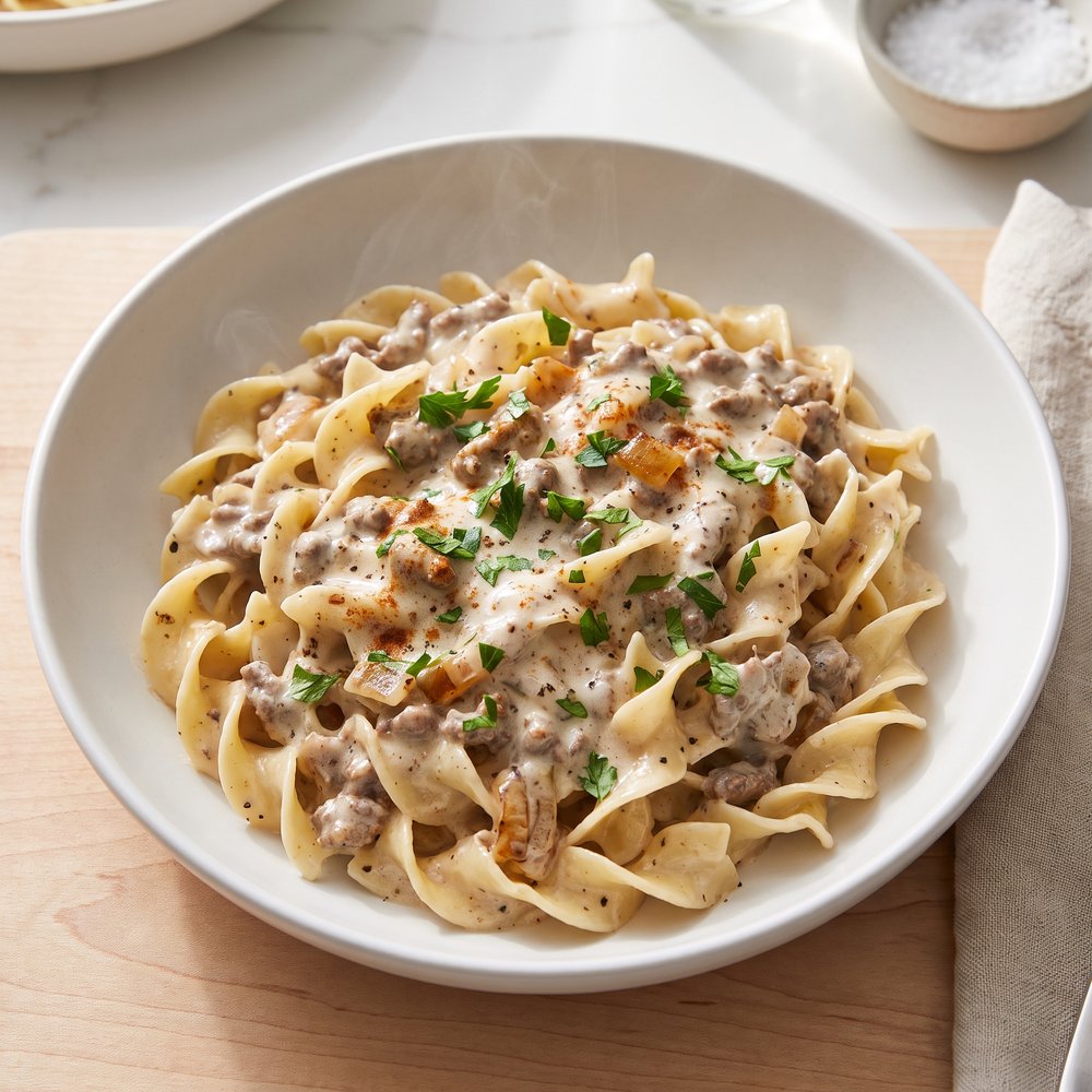 Weeknight Ground Beef Stroganoff with Egg Noodles