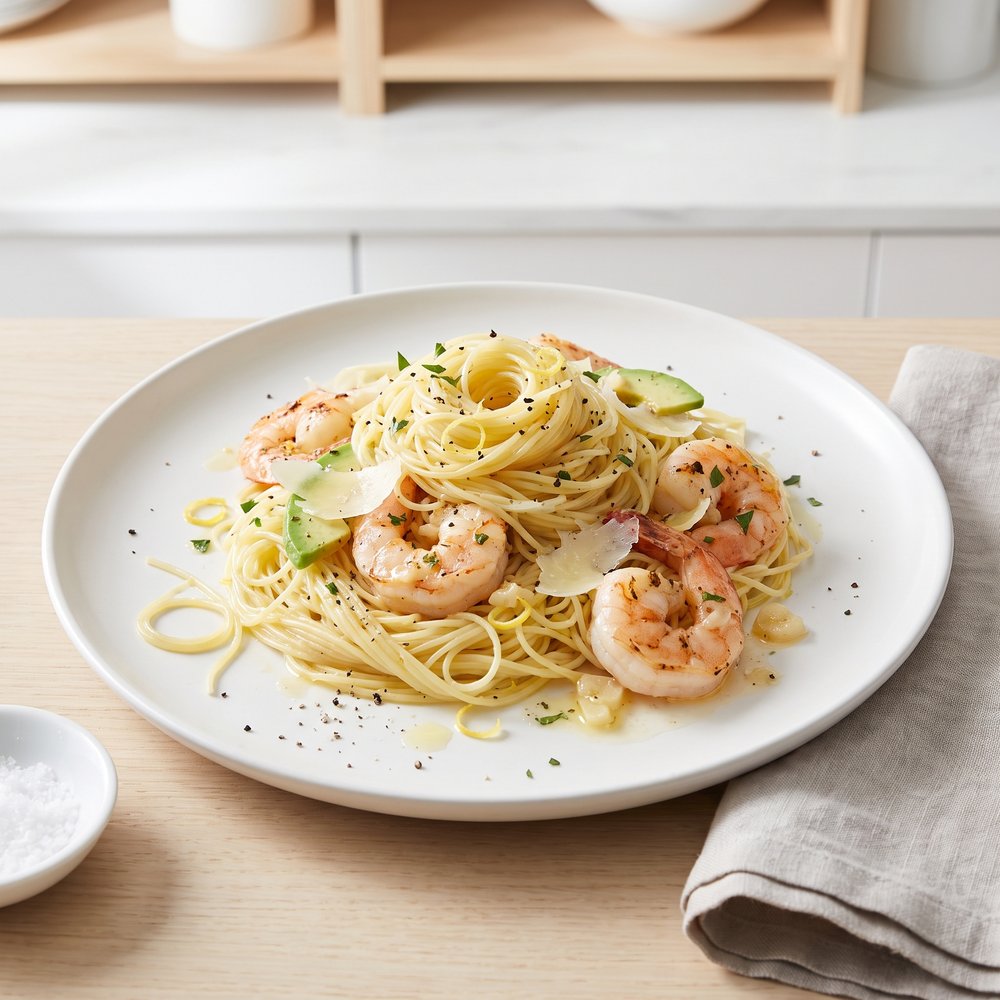 Shrimp Scampi with Angel Hair and Avocado (2750 kcal OMAD)