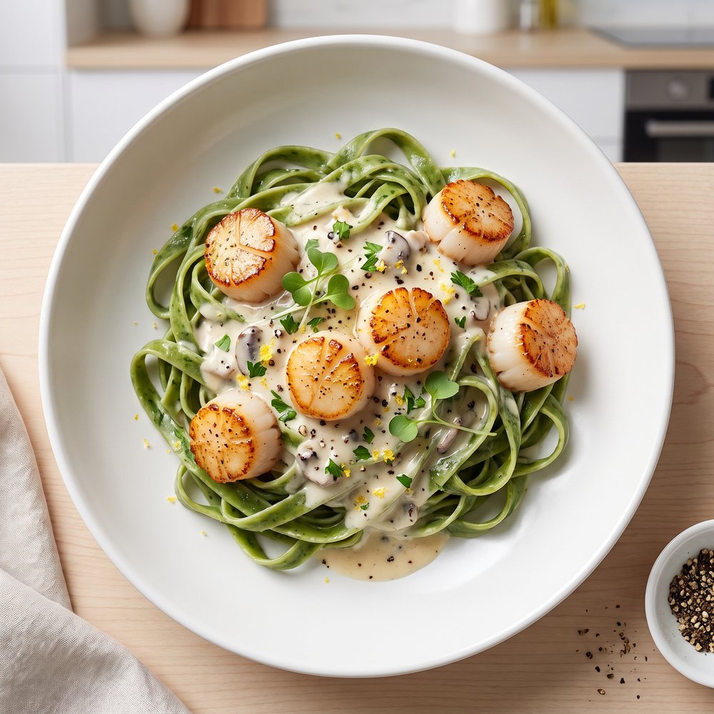 New Year Spinach Fettuccine with Scallops