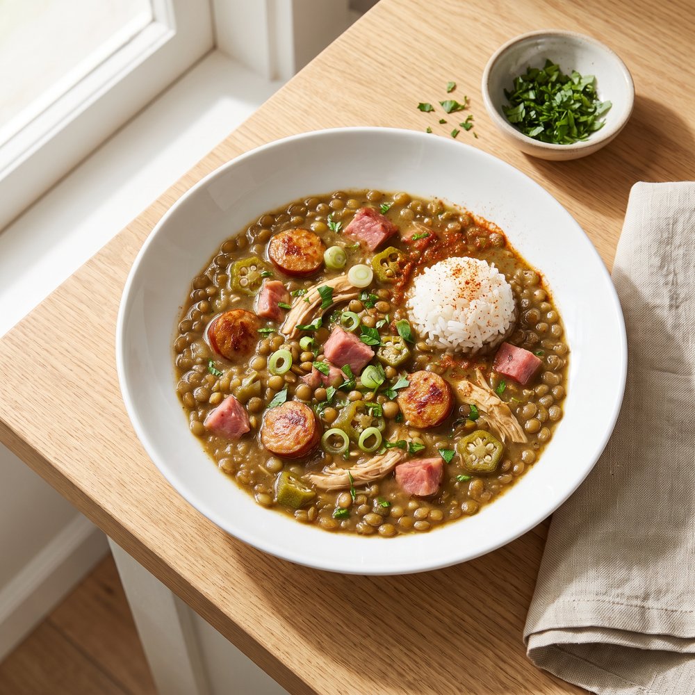 Green Lentil Gumbo-Style Soup