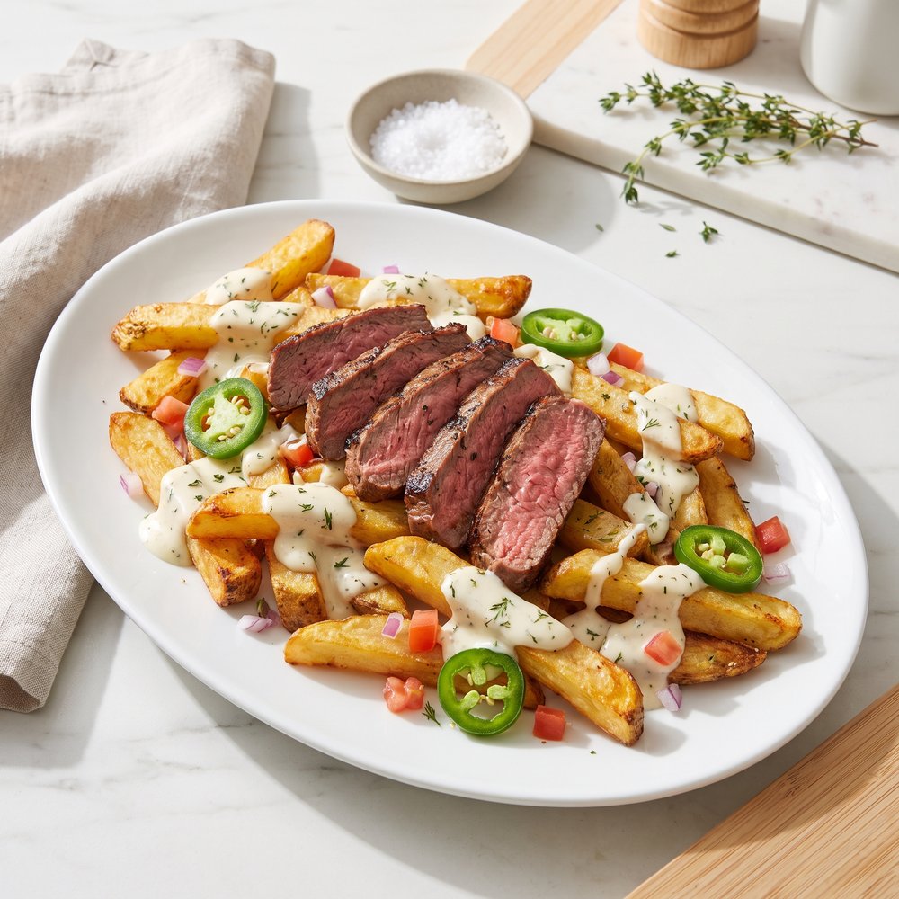 Cheddar-Smothered Steak-Topped Fries