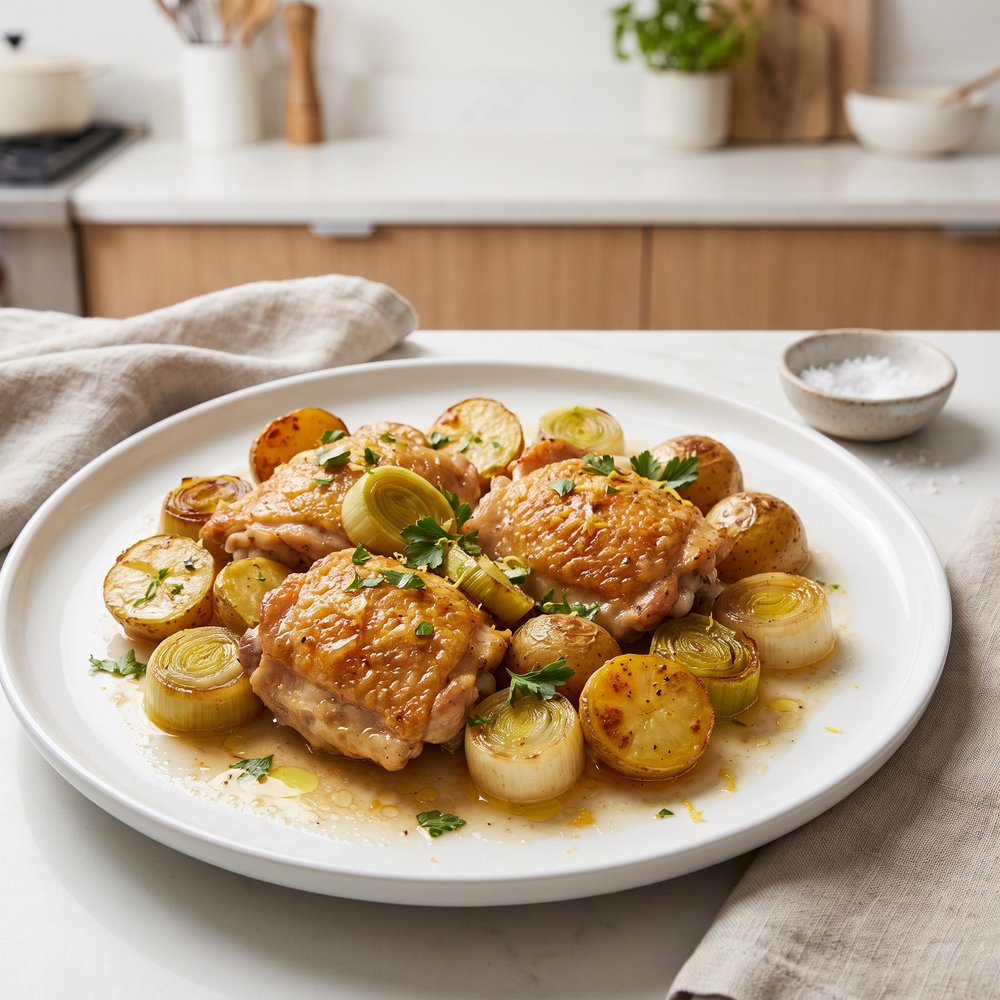 One-Pan Lemon Chicken Thighs with Potatoes and Leeks