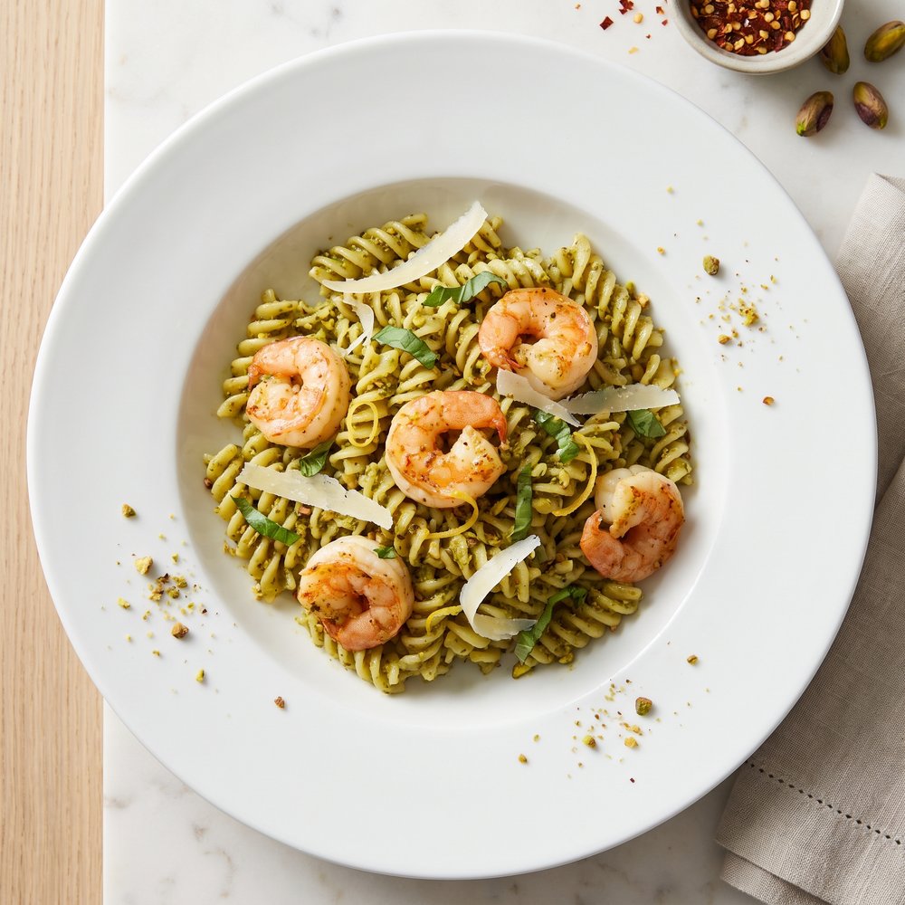 Shrimp Pasta with Basil–Pistachio Pesto (3000 kcal OMAD)