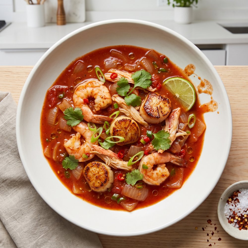 Hearty Seafood Chili with Shrimp, Crab, and Scallops