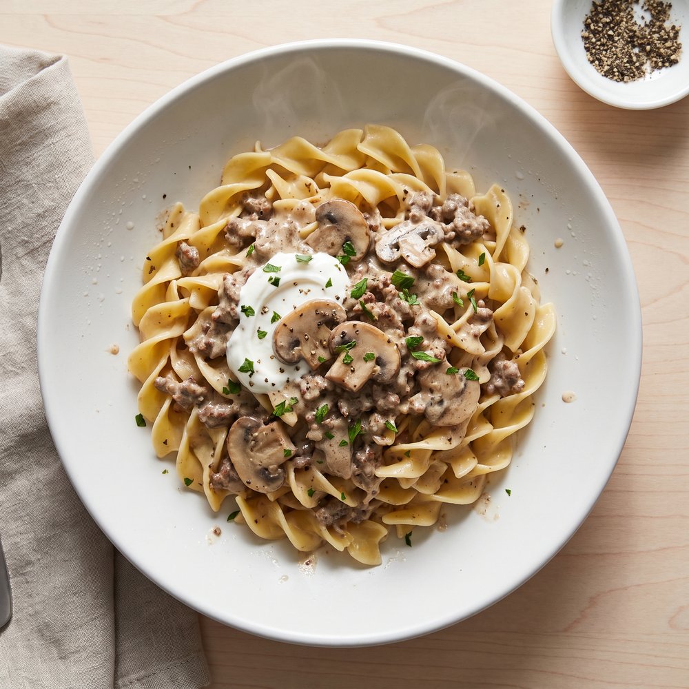 Creamy Ground Beef Stroganoff with Egg Noodles