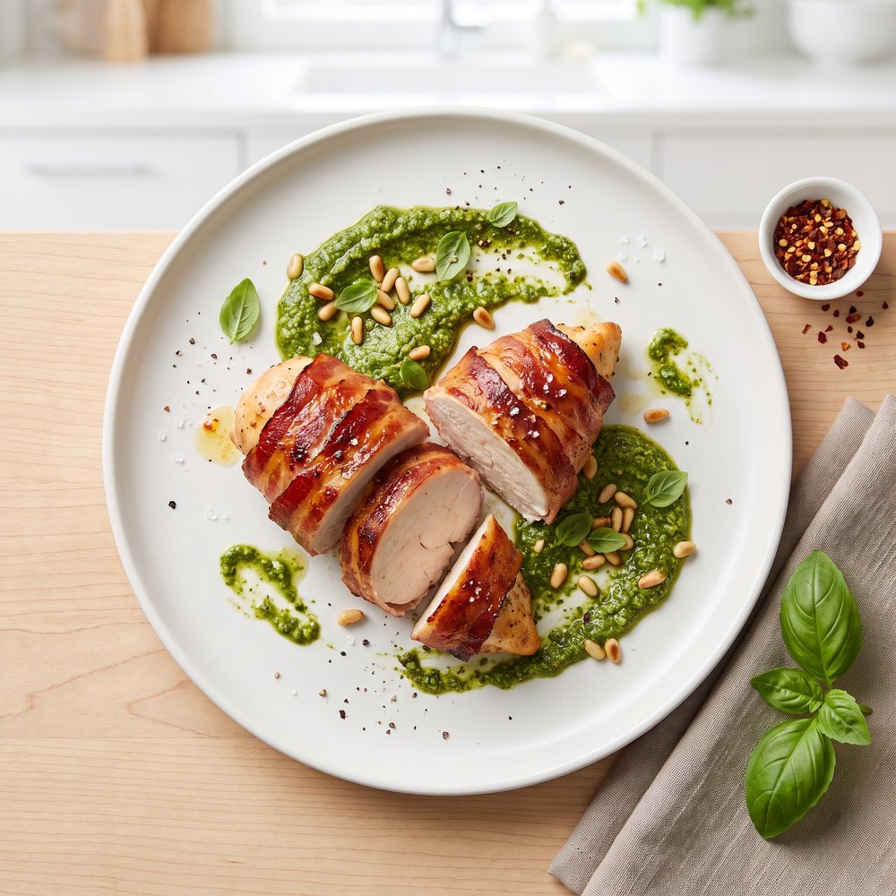 Bacon-Wrapped Chicken with Basil Pesto