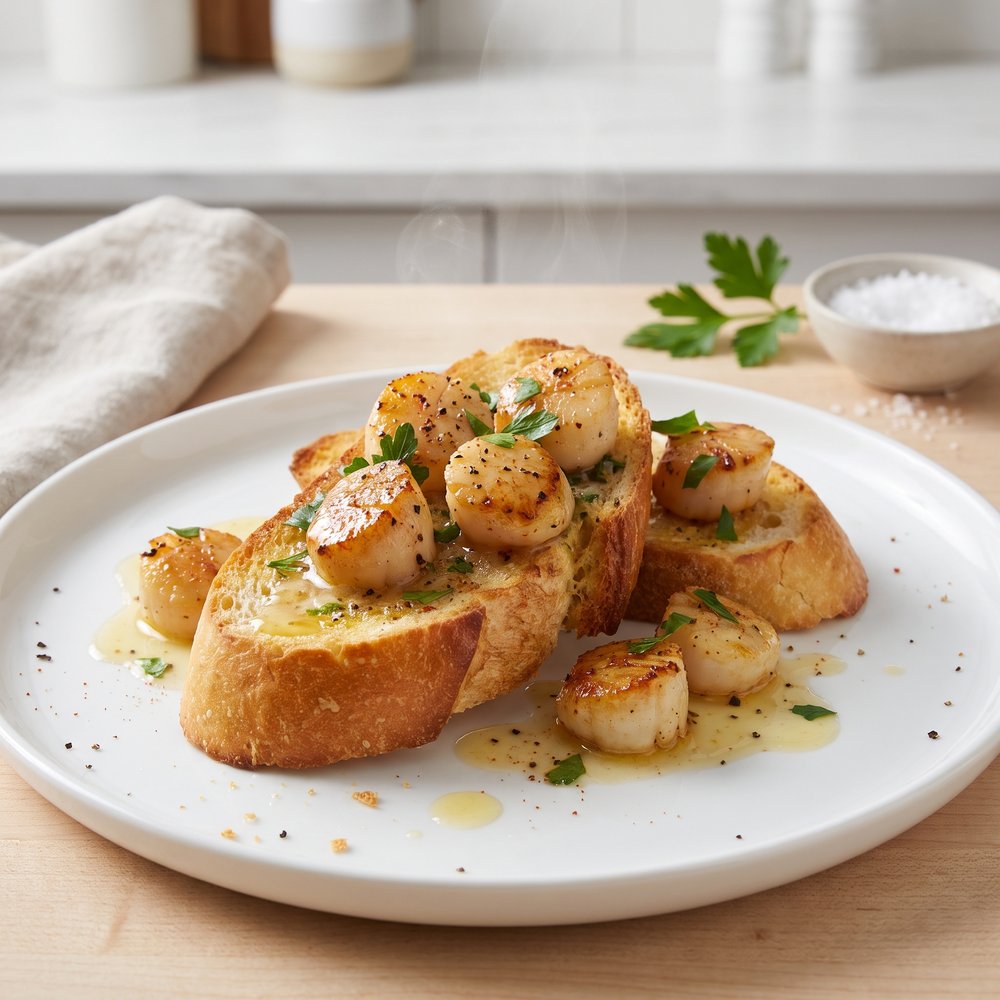 Garlic-Parsley Butter Bay Scallops on Toast