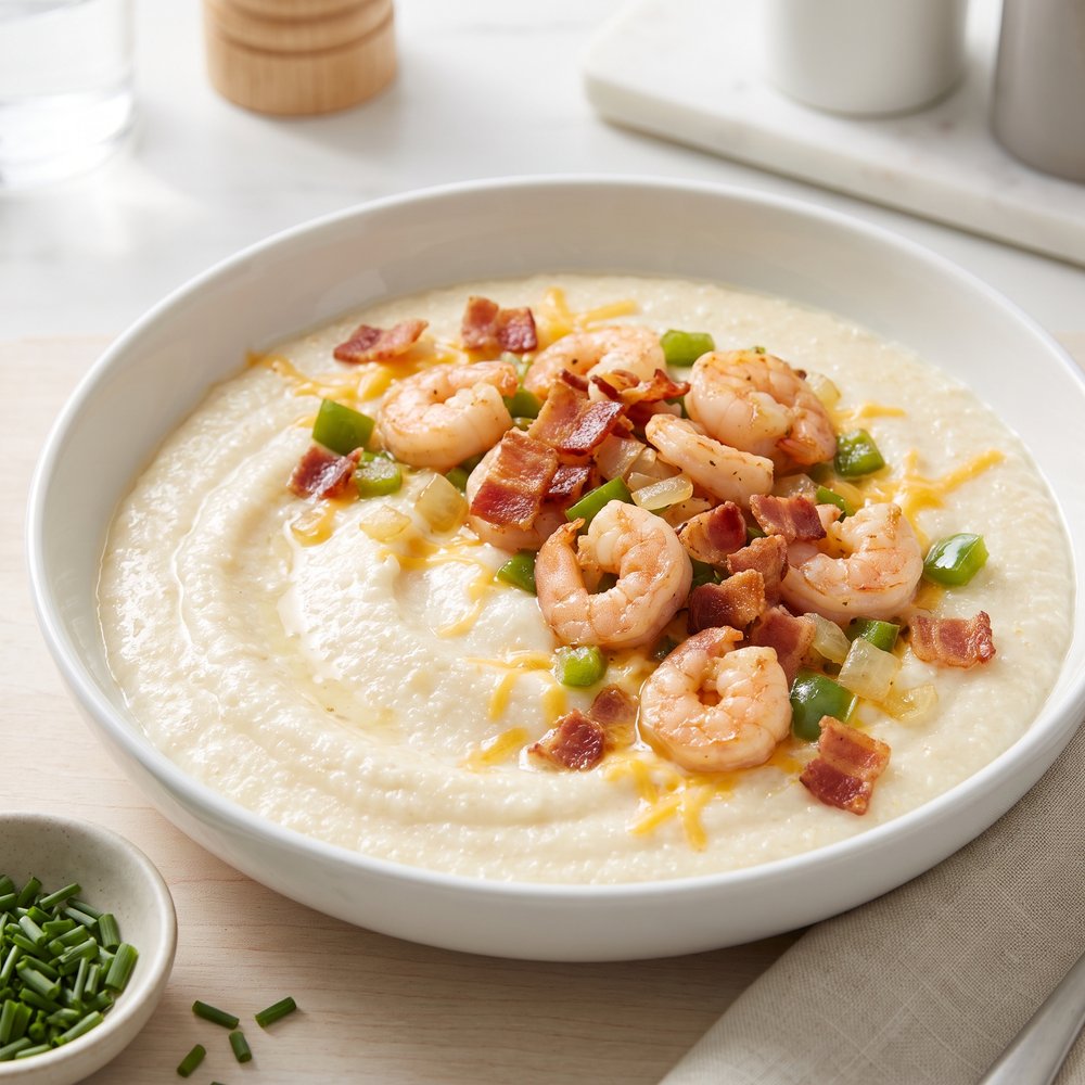 Bacon-Studded Shrimp with Creamy Cheddar Grits