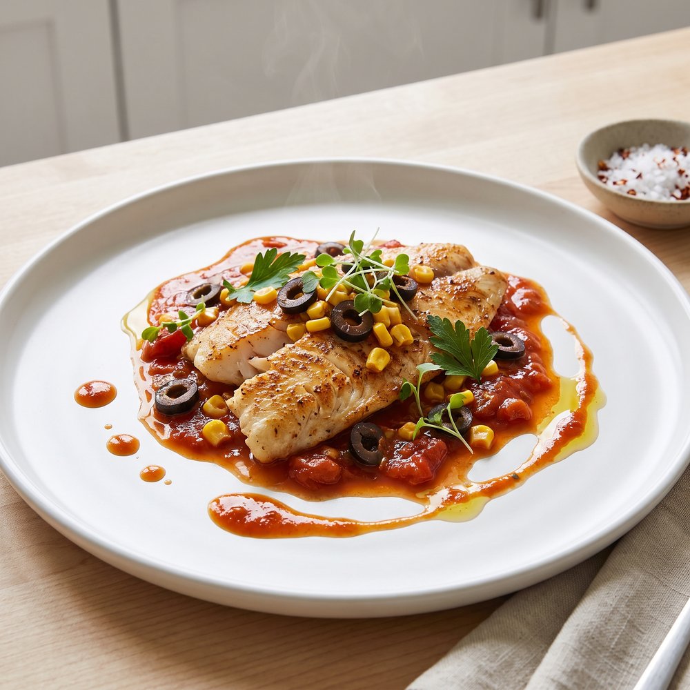 Tilapia with Tomatoes, Black Olives and Corn