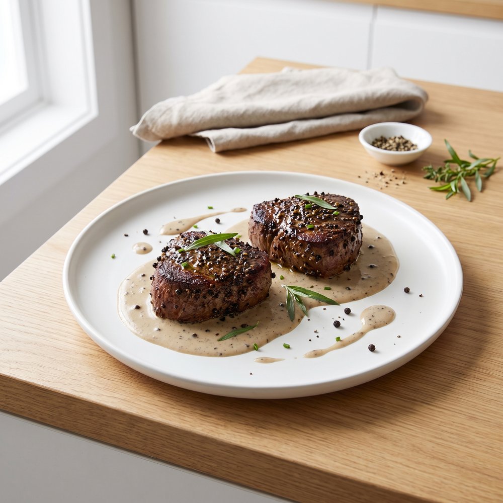 Peppercorn-Crusted Filet Mignon with Creamy Pepper Sauce