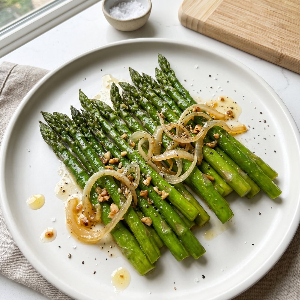 Garlicky Asparagus with Sautéed Onions