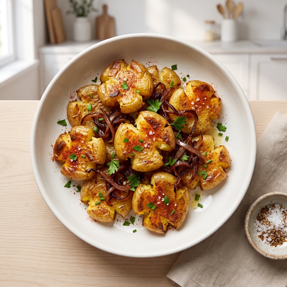Griddled Smashed New Potatoes with Onions