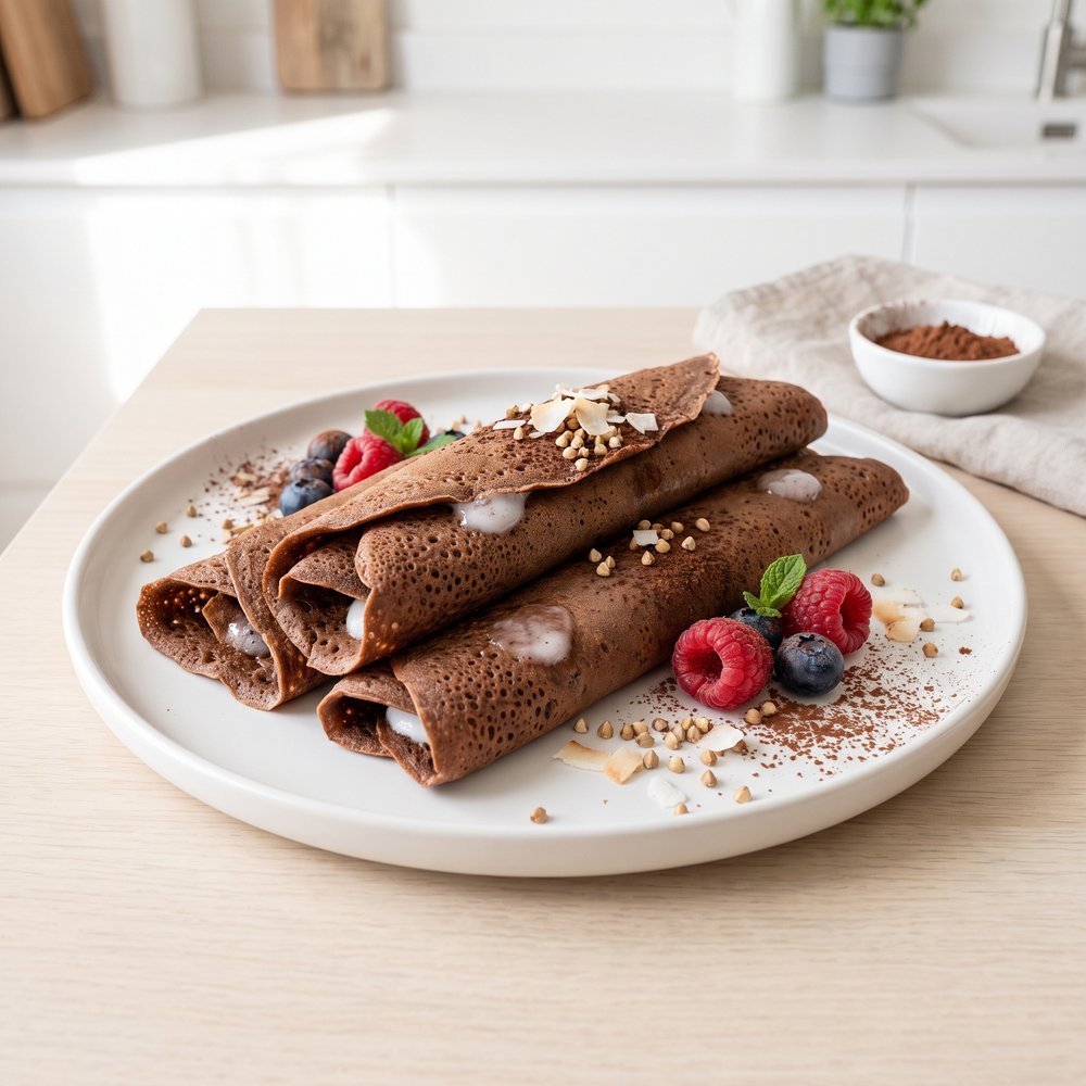 Cocoa Buckwheat Crêpes with Fluffy Coconut Cream