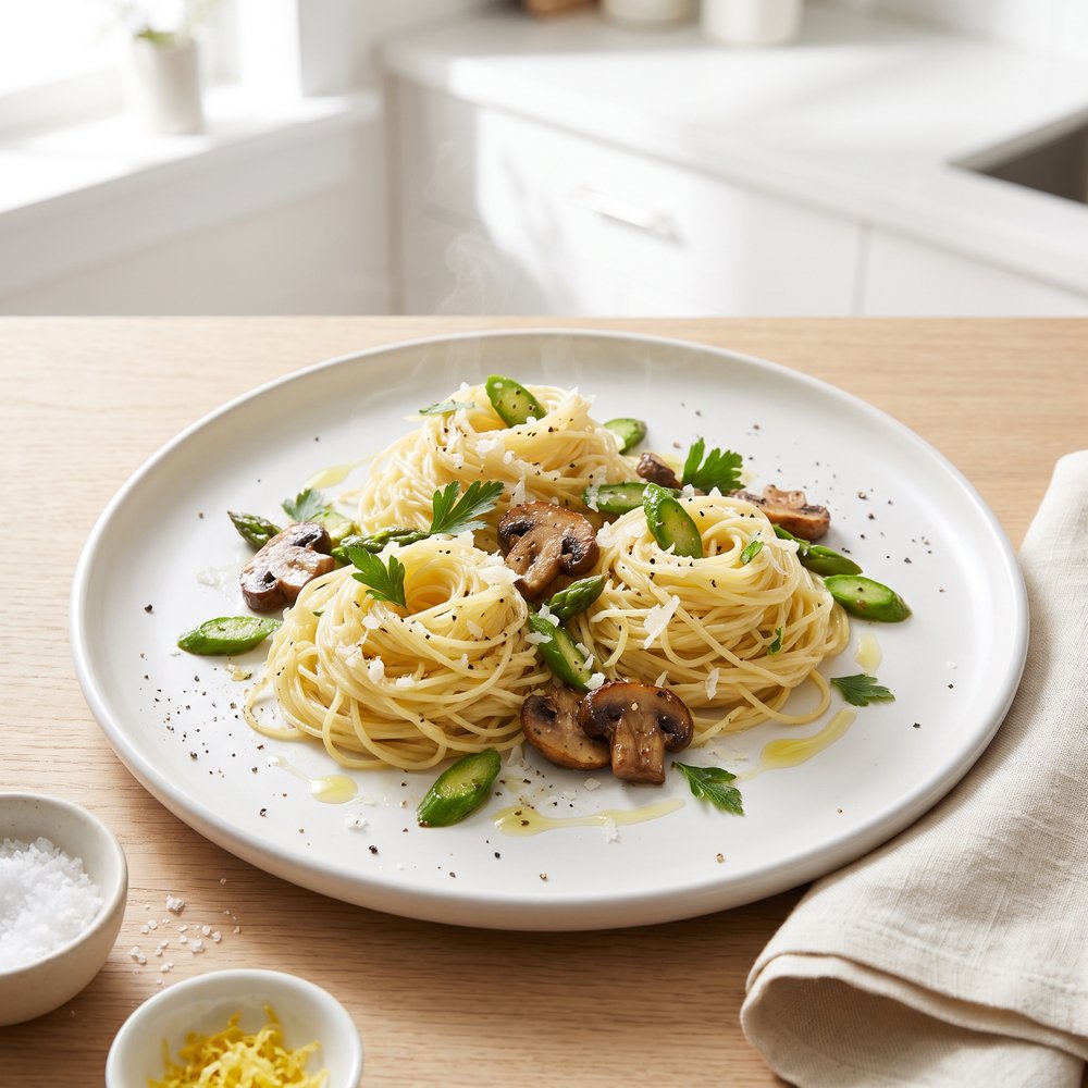 Angel Hair Pasta with Asparagus and Mushrooms