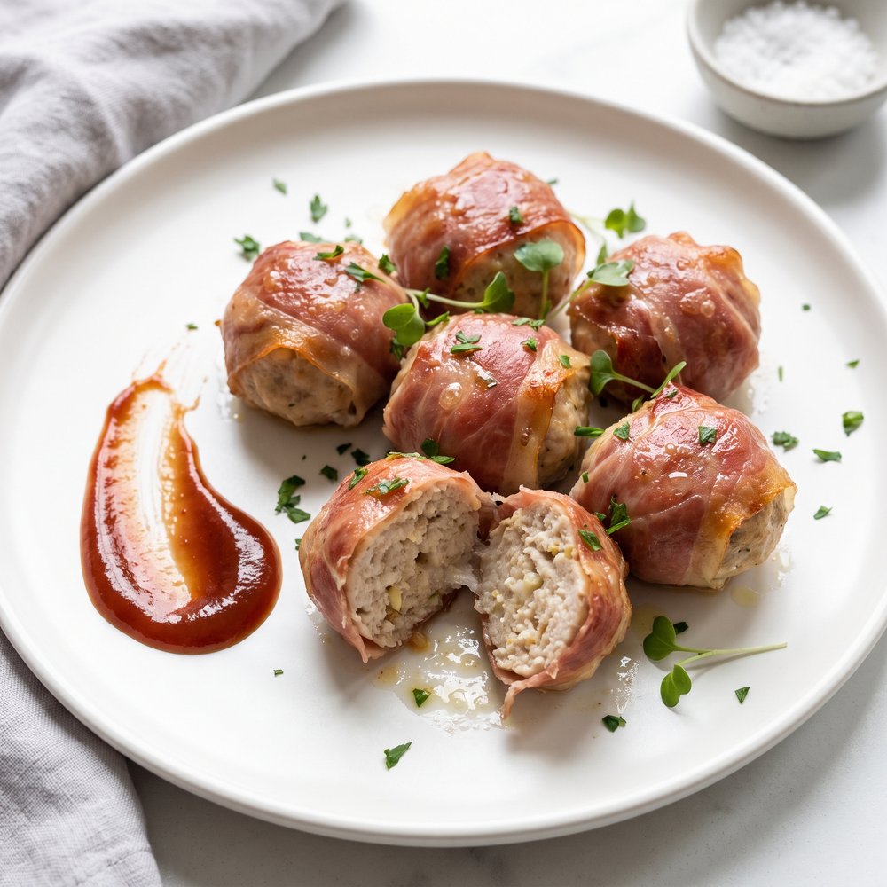 Bacon-Wrapped Turkey Meatballs, German-Inspired