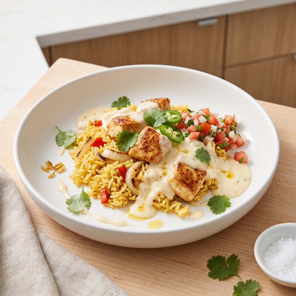 One Pan Happy Plate (Queso Chicken and Rice)