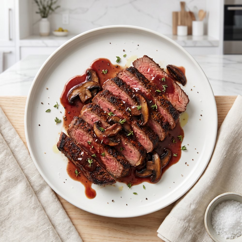 Weeknight Flat Iron Steak with Red Wine Mushroom Sauce