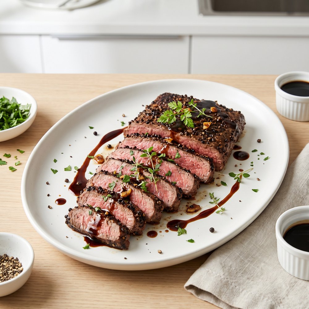 Pepper-Crusted Flat Iron with Balsamic Glaze