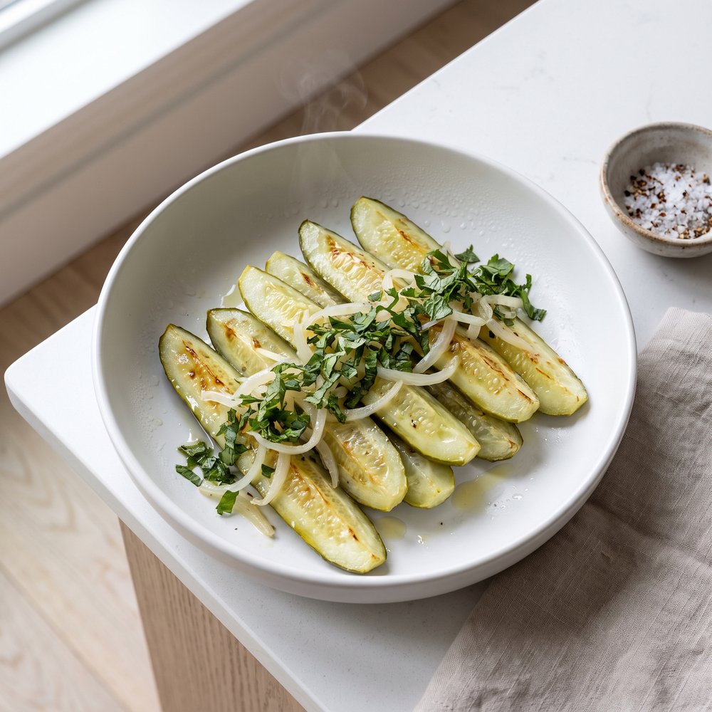 Roasted Cucumbers with Onions and Herbs