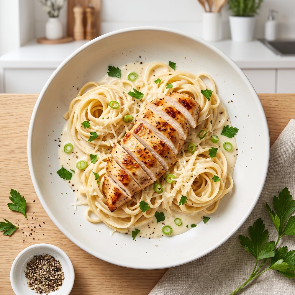 Linguine Topped with Creamy Chicken