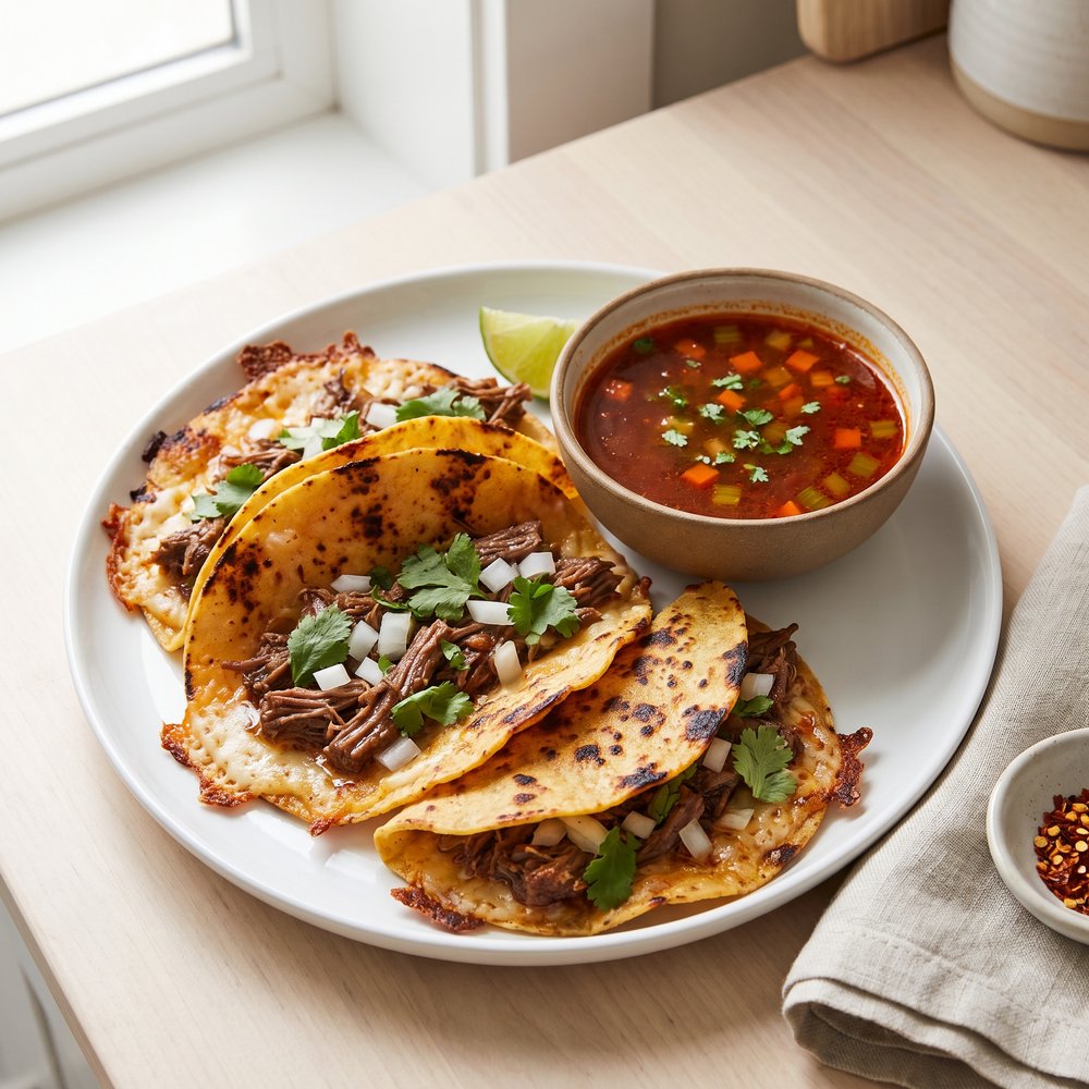 Birria Beef Queso Tacos with Dipping Consommé