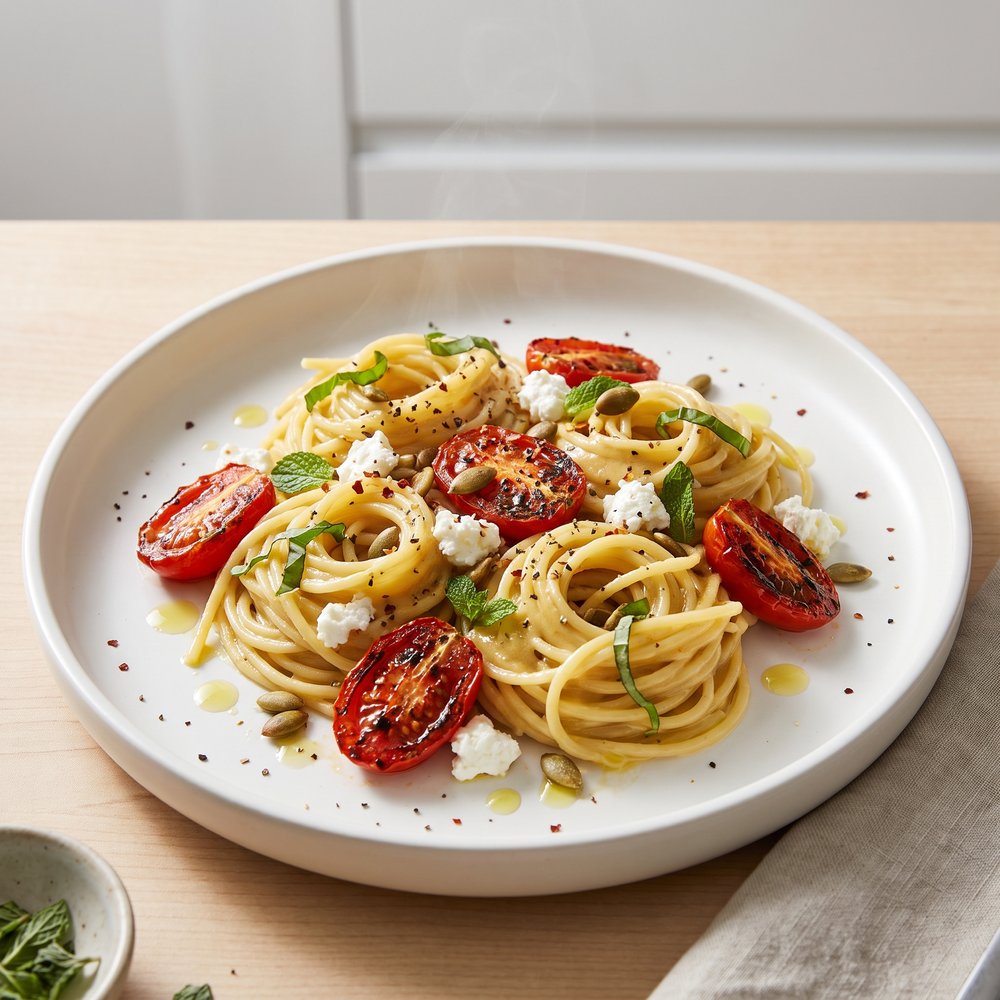 Gemelli with Spiced Pumpkin Seeds and Goat Cheese