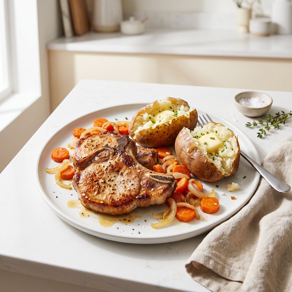Pressure Cooker Bone-In Pork Chops, Baked Potatoes, and Carrots
