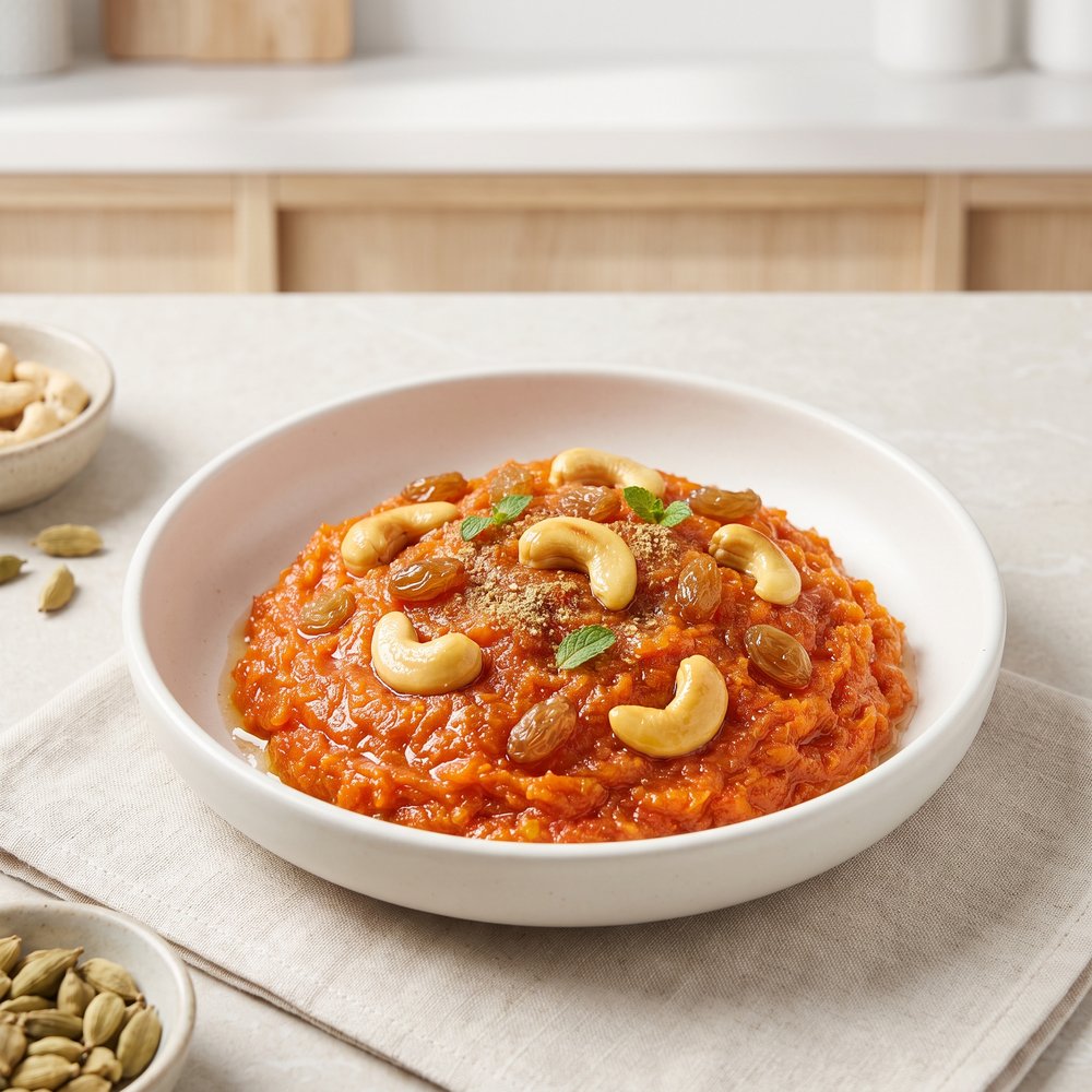 Milk-Reduced Carrot Halwa with Cashews and Raisins