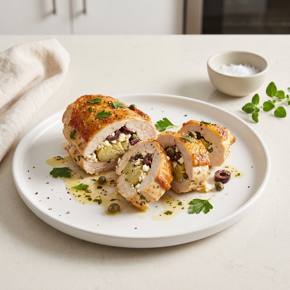 Stuffed Chicken Breasts with Artichoke Hearts, Feta Cheese, Capers, and Black Olives