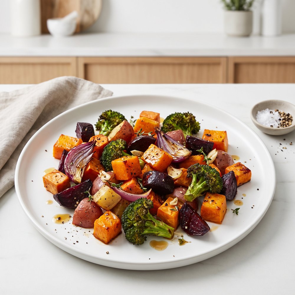 Balsamic-Honey Roasted Pumpkin with Root Veggies and Broccoli