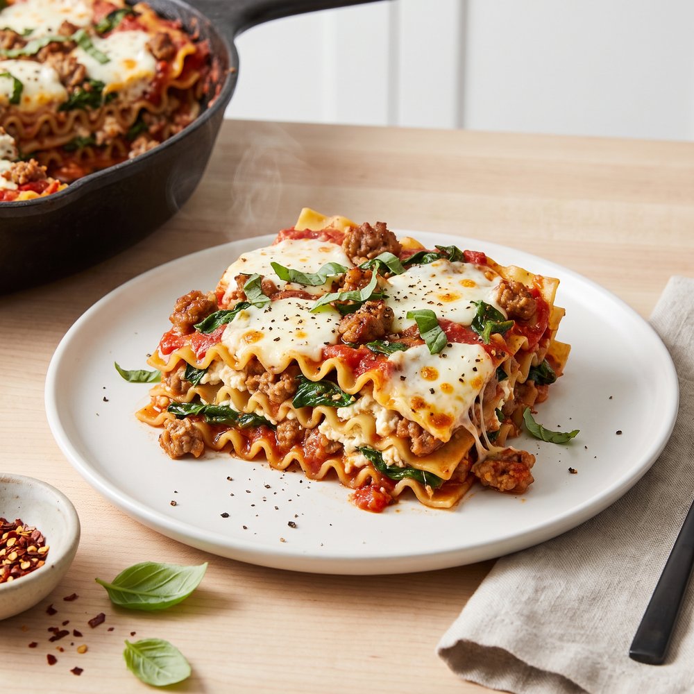 One-Pan Spinach Sausage Lasagna Skillet