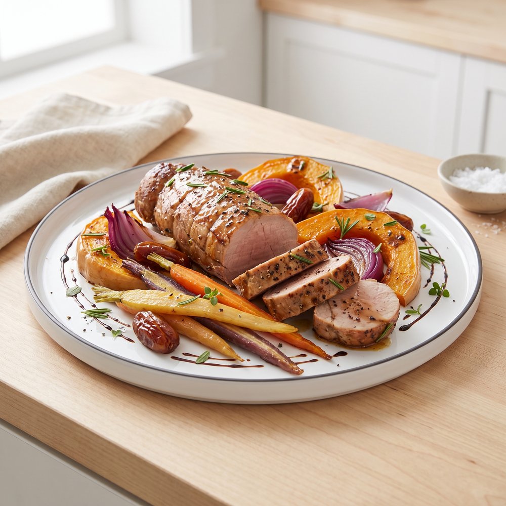Sheet Pan Balsamic Pork Tenderloin with Rainbow Vegetables