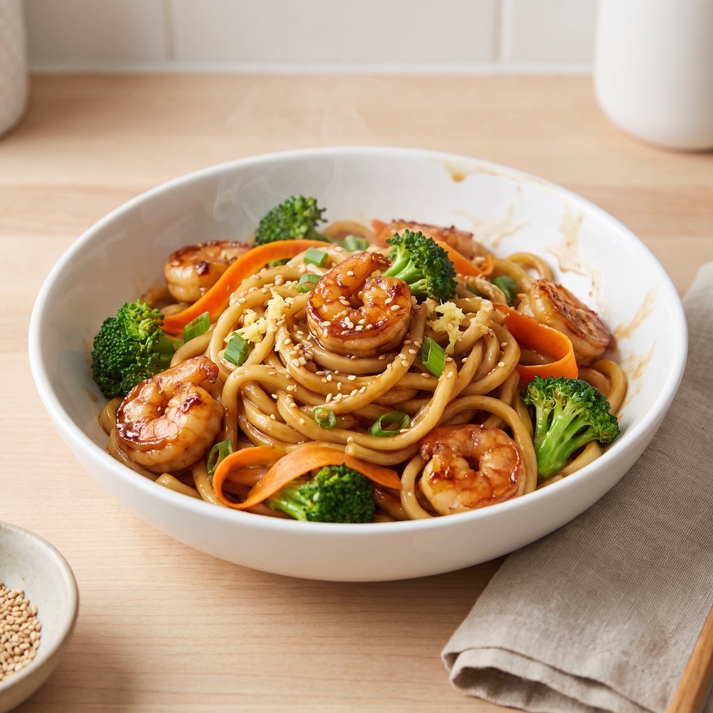 Shrimp Udon with Teriyaki Sauce