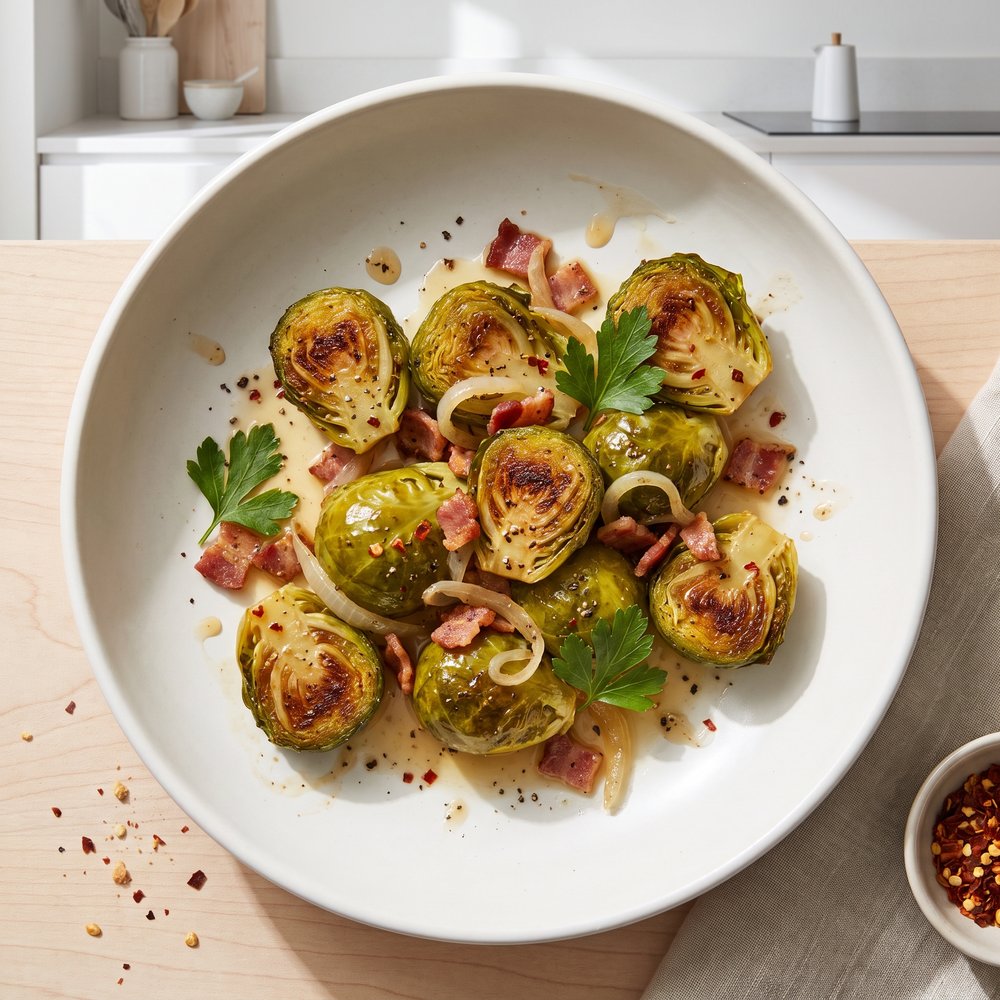 Bacon-Braised Brussels Sprouts in Chardonnay