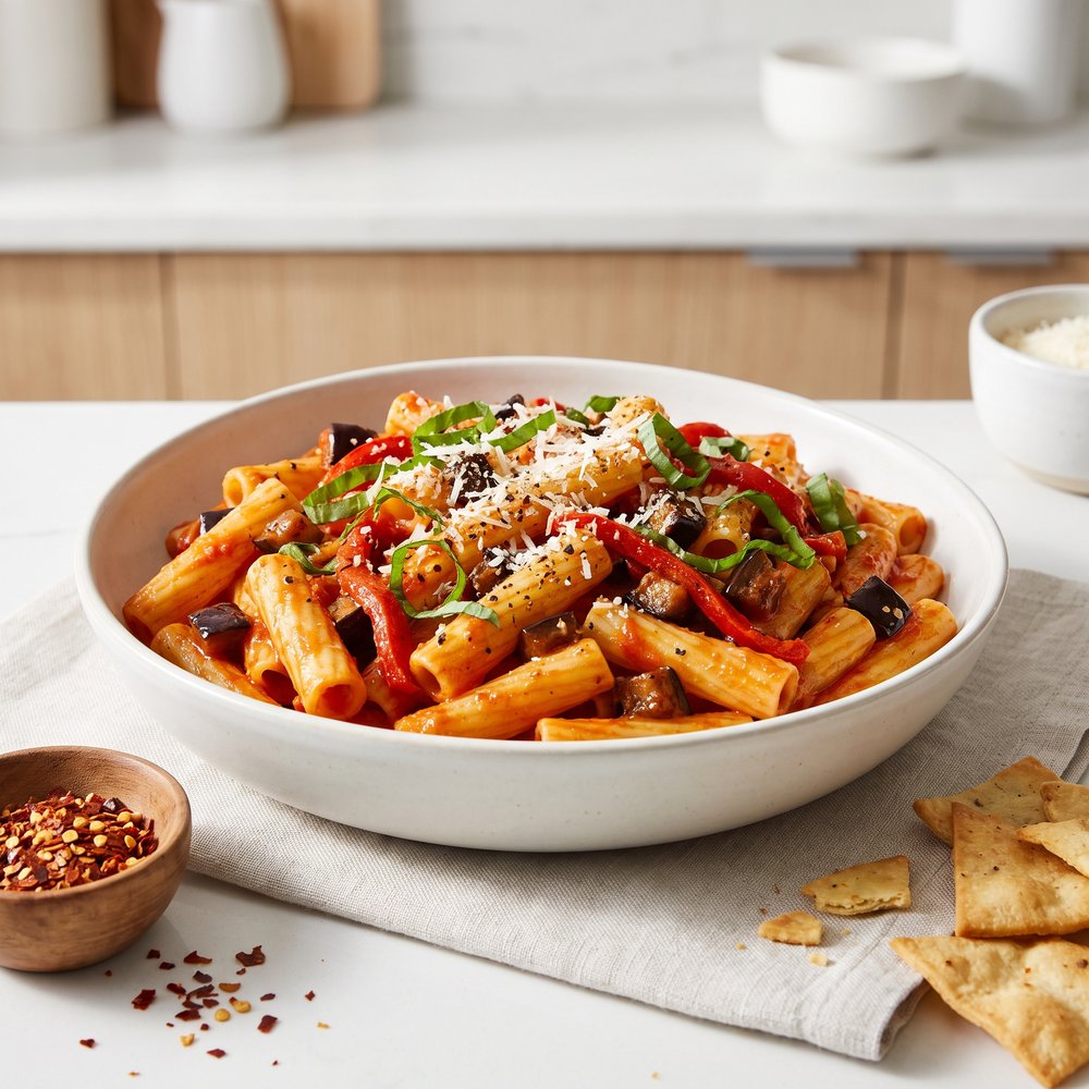 Eggplant and Tomato Ziti with Cheesy Pita