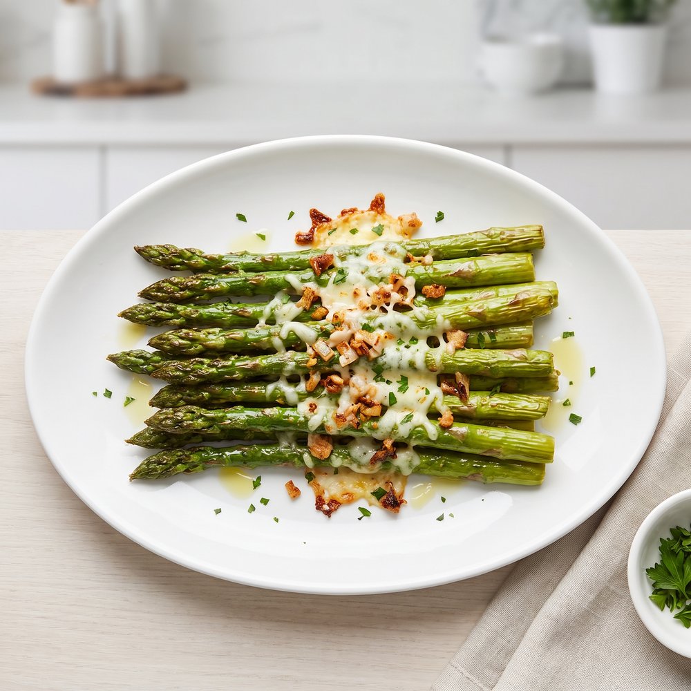 Baked Asparagus with Cheesy Onion Topping