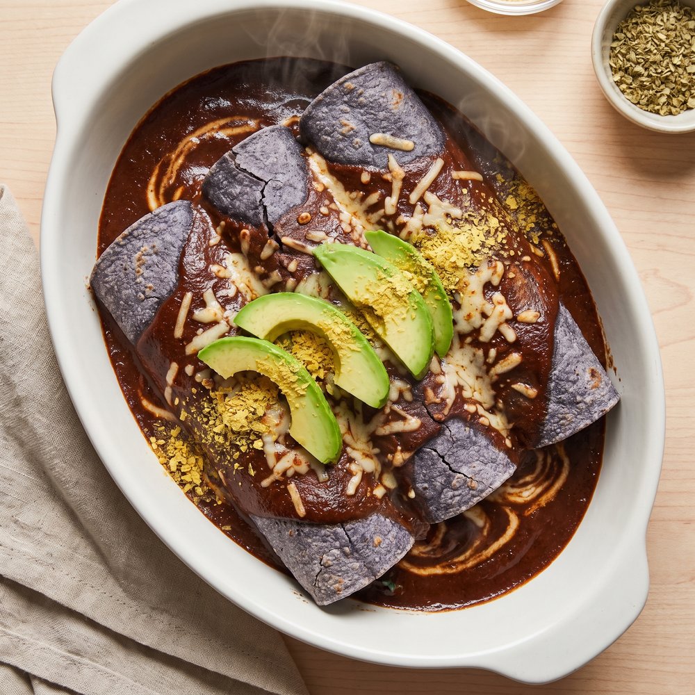 Plant-Based Pasilla Enchiladas with Avocado and TVP