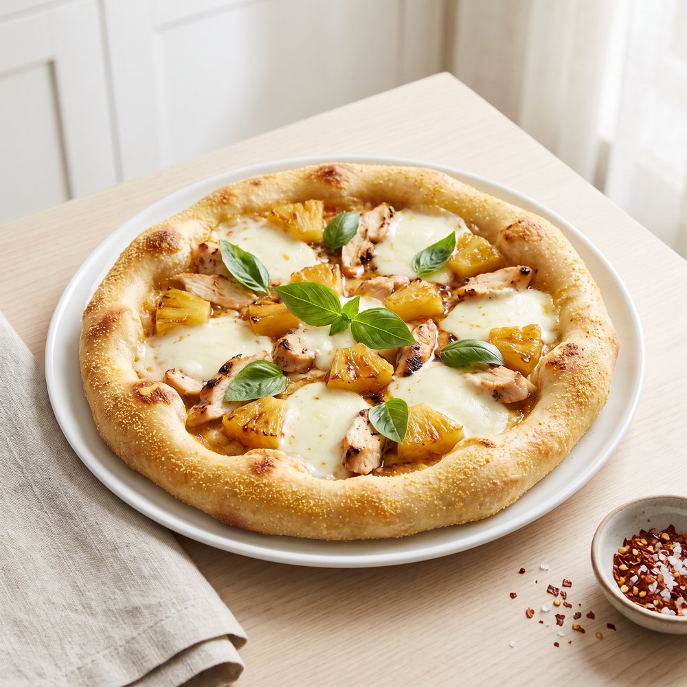 Skillet Pizza Topped with Chicken and Pineapple