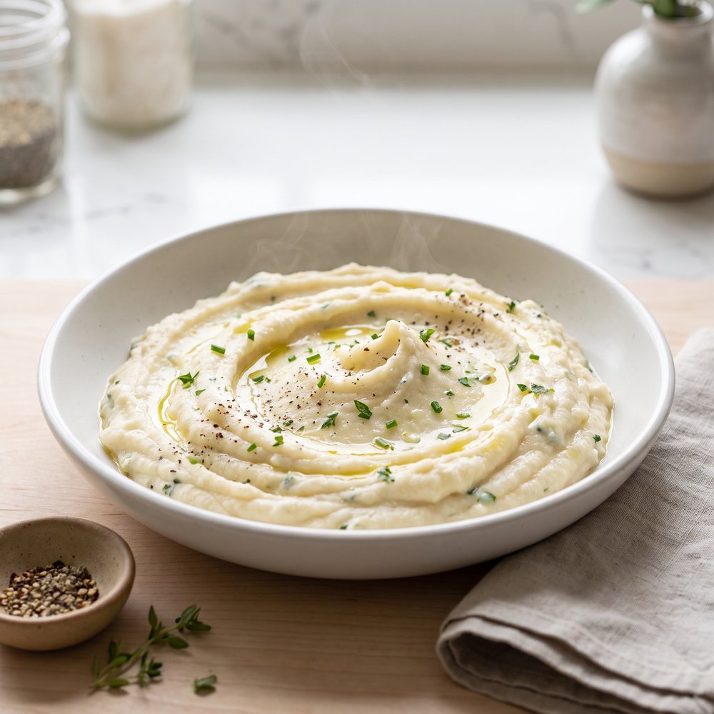 Microwave Mashed Cauliflower with Herbed Goat Cheese