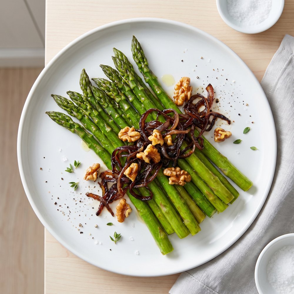 Skillet Asparagus with Caramelized Onions and Walnuts